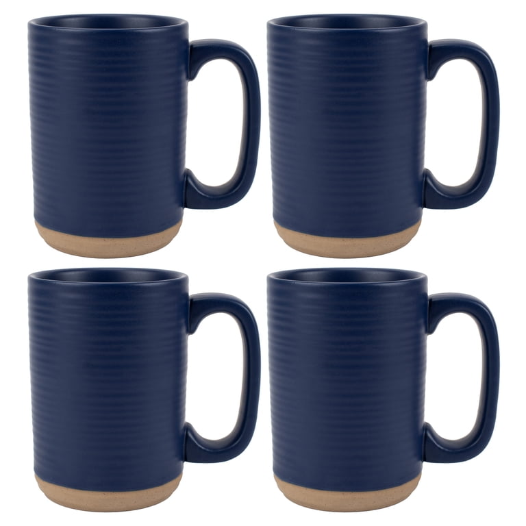 Elanze Designs Tall Ribbed Raw Clay Bottom Navy Blue 16 ounce Ceramic  Coffee Mugs Set of 4