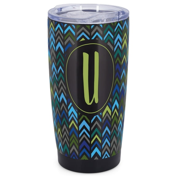 Elanze Designs U Monogram Herringbone Arrows Wrap-Around Design 20 Ounce Stainless Steel On-The-Go Coffee Mug, Thermal Travel Tumbler with Leak Resistant Slide Lid, Sleek Black
