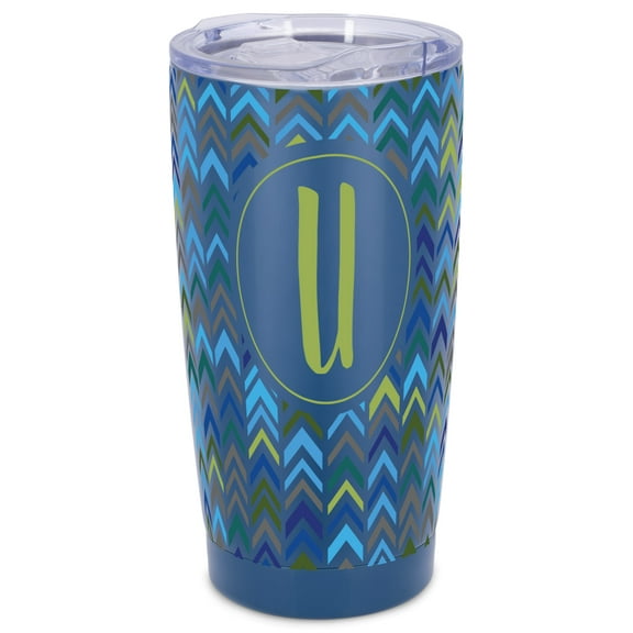 Elanze Designs U Monogram Herringbone Arrows Wrap-Around Design 20 Ounce Stainless Steel On-The-Go Coffee Mug, Thermal Travel Tumbler with Leak Resistant Slide Lid, Navy Blue
