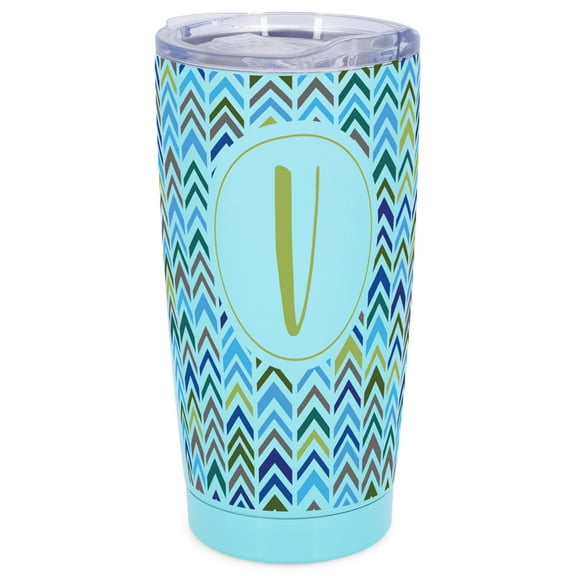 Elanze Designs V Monogram Herringbone Arrows Wrap-Around Design 20 Ounce Stainless Steel On-The-Go Coffee Mug, Thermal Travel Tumbler with Leak Resistant Slide Lid, Sky Blue