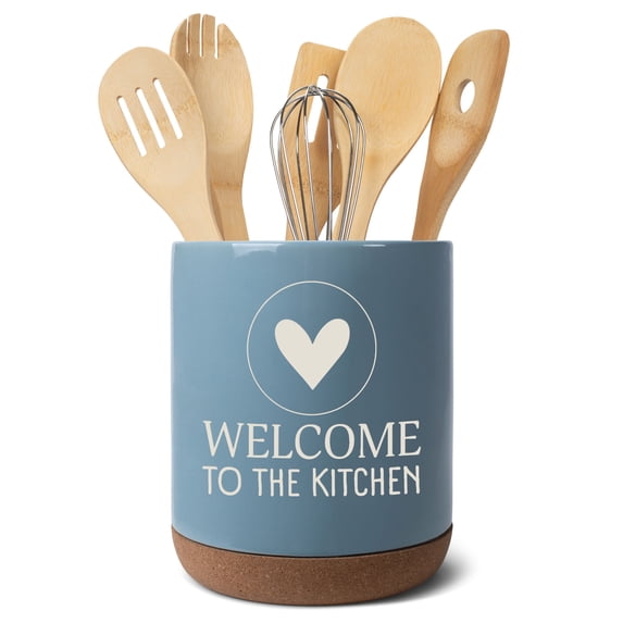 Elanze Designs Welcome to the Kitchen Ceramic Cork Bottom Sky Blue Large Capacity Utensil Holder Crock for Countertop Storage, Stylish & Durable for Cooking Tools