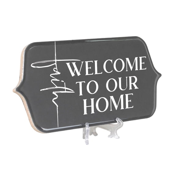 Elanze Designs Welcome To Our Home Grey 8 Inch Ceramic Tabletop Easel or Wall Hanging Tile Sign