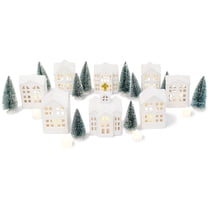 Village Houses & Church LED Tea Light Figurines Set - Ceramic Stoneware Holiday Decor With Batteries