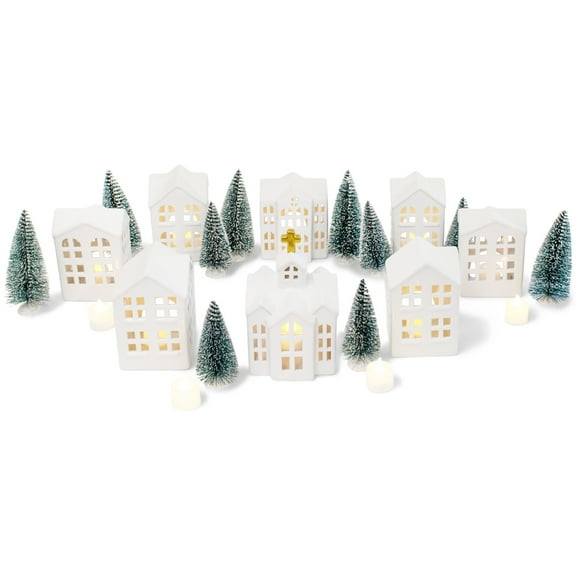 Elanze Designs White Glitter Village Porcelain Ceramic Holiday Figurines 30 Piece Set