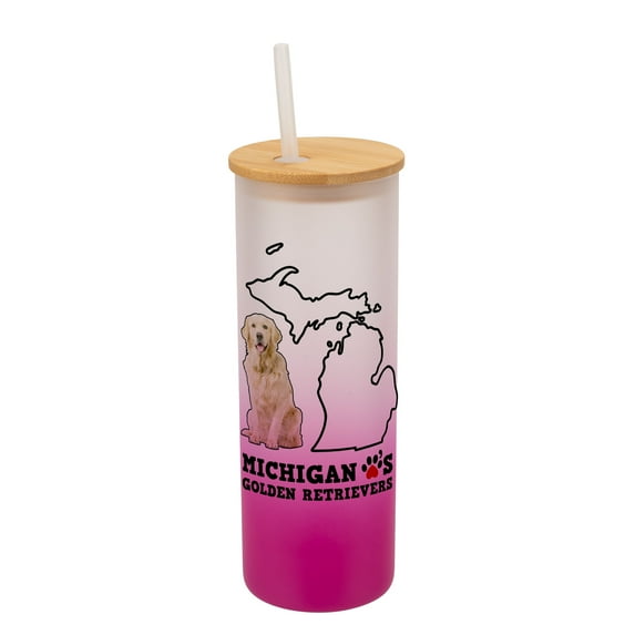 Elanze Designs The Wolverine State Michigan Loves Golden Retrievers Pink and White Ombre Frosted Glass Travel Tumbler with Straw and Wooden Lid, 25 Ounce