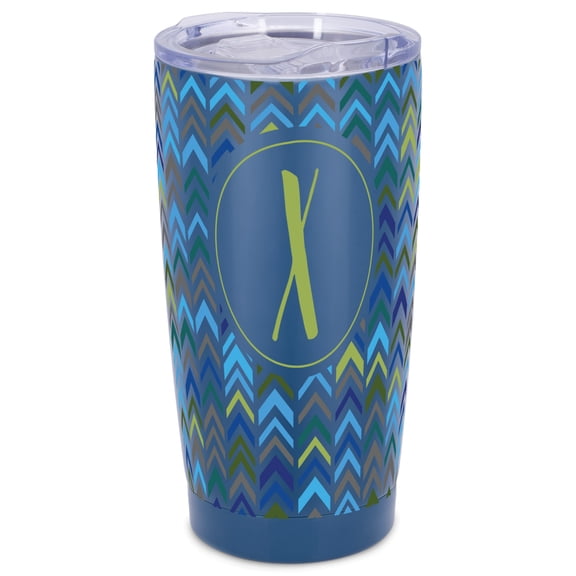 Elanze Designs X Monogram Herringbone Arrows Wrap-Around Design 20 Ounce Stainless Steel On-The-Go Coffee Mug, Thermal Travel Tumbler with Leak Resistant Slide Lid, Navy Blue