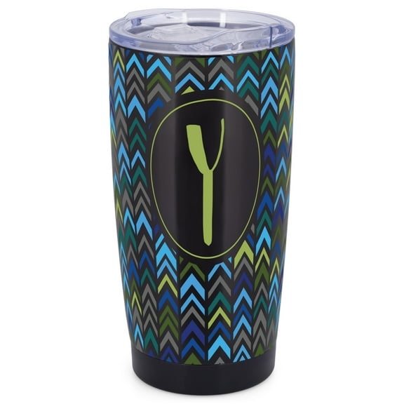 Elanze Designs Y Monogram Herringbone Arrows Wrap-Around Design 20 Ounce Stainless Steel On-The-Go Coffee Mug, Thermal Travel Tumbler with Leak Resistant Slide Lid, Sleek Black