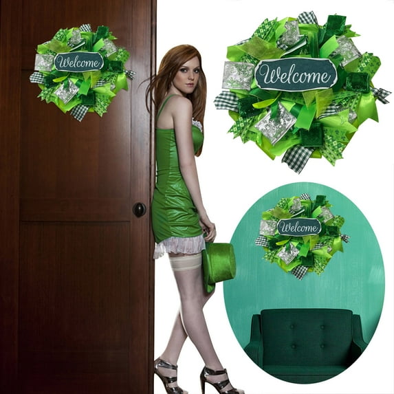 Elapind Irish National Day Wreath, Irish National Day St. Patrick's Welcome Wreath for Front Door Hanging Decor 1Pc Front Door Hanging Decor, St. Patrick's Welcome Wreath Green