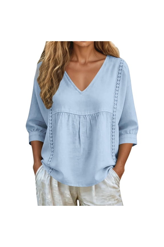 Casual Solid Color Blouse Lace Collar 3/4 Sleeve Pullover Top