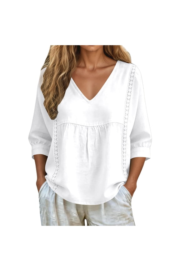 Casual Solid Color Blouse Lace Collar 3/4 Sleeve Pullover Top