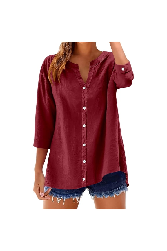 Casual Solid Color Button Down Shirt 3/4 Sleeve Versatile Blouse