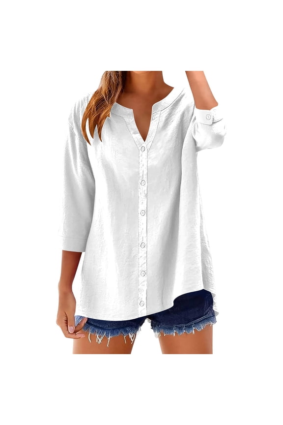Casual Solid Color Button Down Shirt 3/4 Sleeve Versatile Blouse