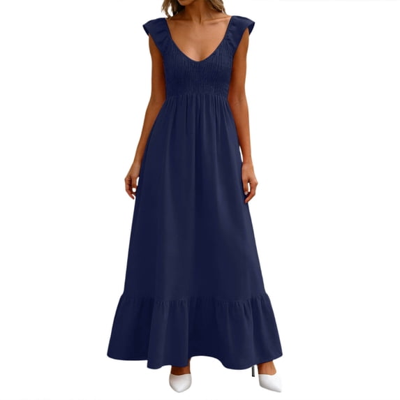 Elara Dresses For Women Summer Flowy Maxi Dress Casual Cap Sleeve V Neck Smocked Beach Womens Dresses for Work
