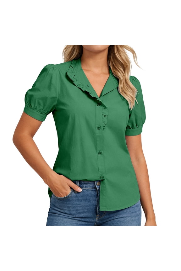 Elegant Ruffle Collar Blouse Puff Sleeve Button Front Casual Top