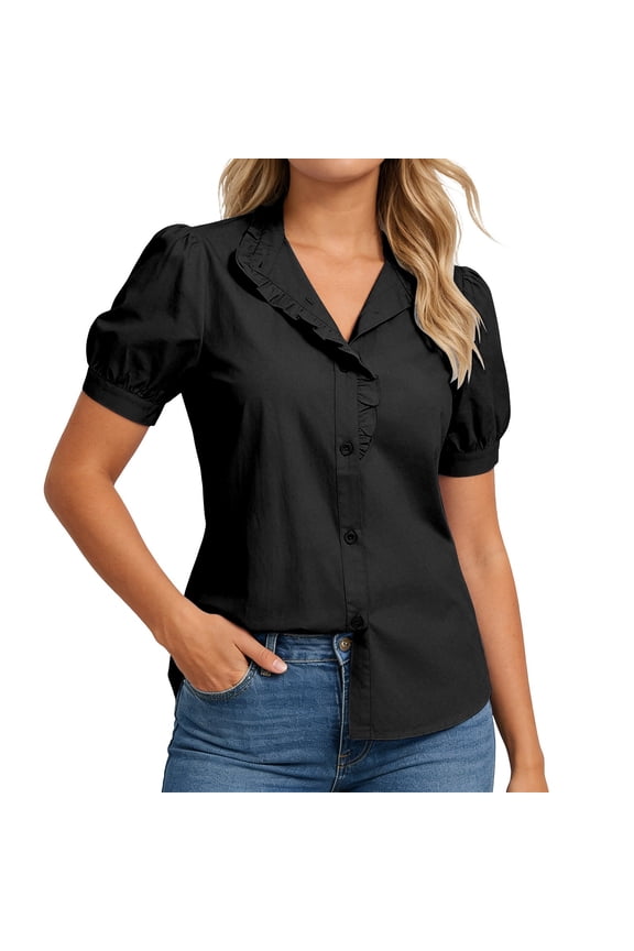 Elegant Ruffle Collar Blouse Puff Sleeve Button Front Casual Top