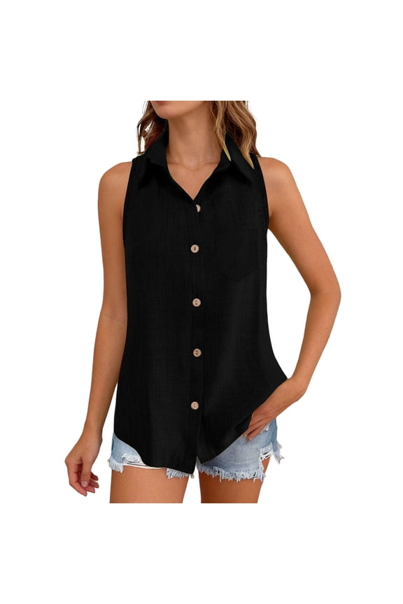 Linen Tank Top Sleeveless Collared Button Up Casual Work Shirt