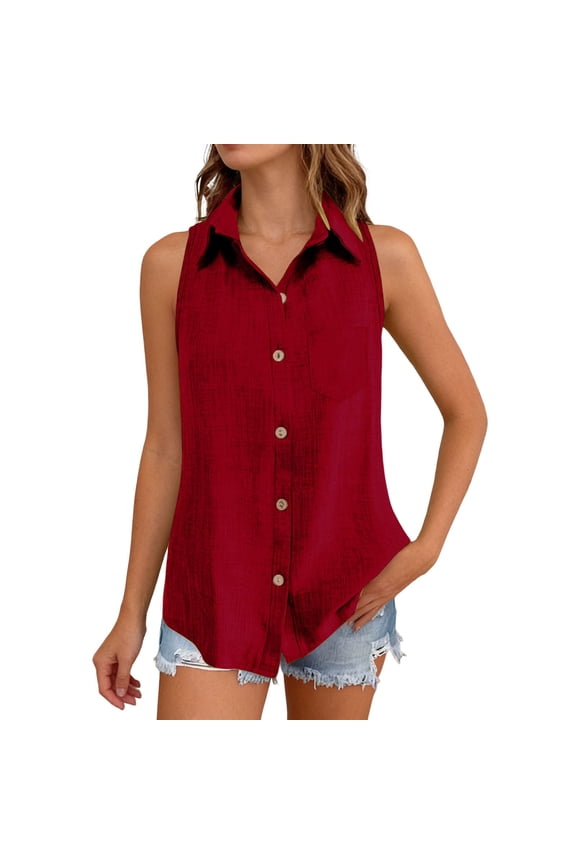 Linen Tank Top Sleeveless Collared Button Up Casual Work Shirt