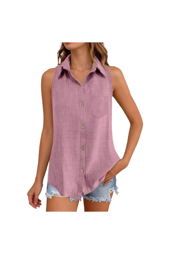 Linen Tank Top Sleeveless Collared Button Up Casual Work Shirt