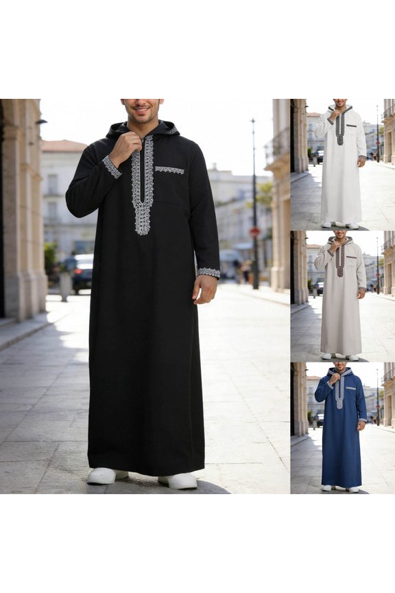 Men's long-sleeved bathrobe, embroidered, with hood and zipper, Qamis men's loose, casual men's bathrobe, soft fabric, suitable for all seasons