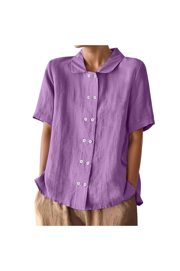 Plus Size Linen Blouse Double Lapel Short Sleeve Top
