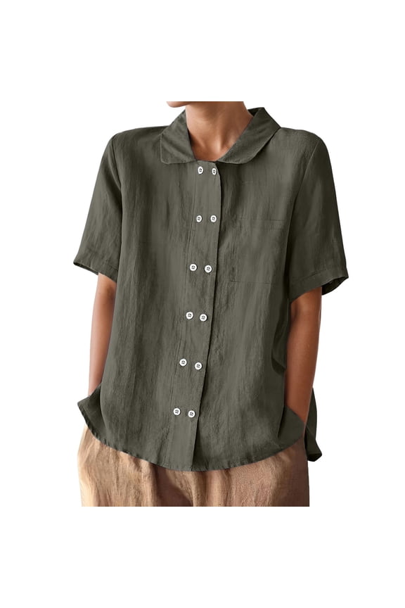 Plus Size Linen Blouse Double Lapel Short Sleeve Top