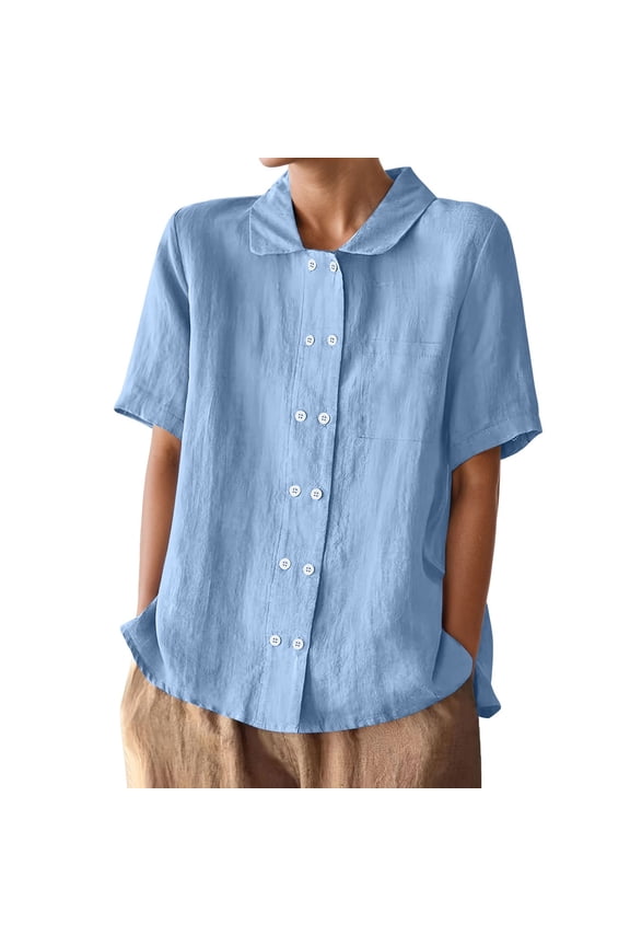 Plus Size Linen Blouse Double Lapel Short Sleeve Top