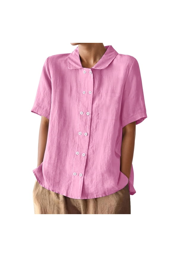 Plus Size Linen Blouse Double Lapel Short Sleeve Top