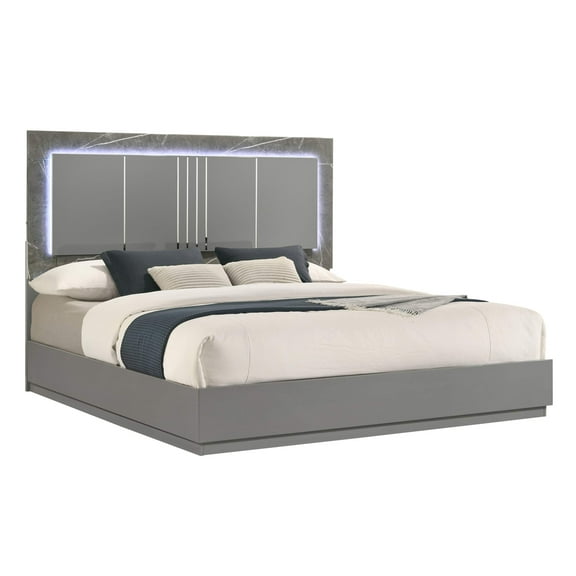 Elara Queen Bed C Two-Tone High-Gloss Marble Lacquer Finish with LED Lighting, Metal-Finished Legs- Gray