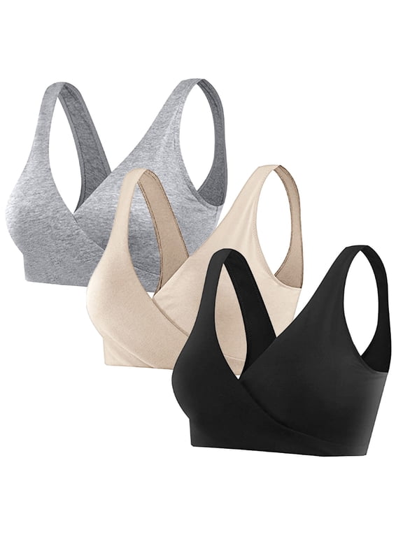 Women’s 3Pack French Style Nursing Bra Cross Front Maternity Bralette with Removable Padding, Wirefree Sleep Bra Light Gray L