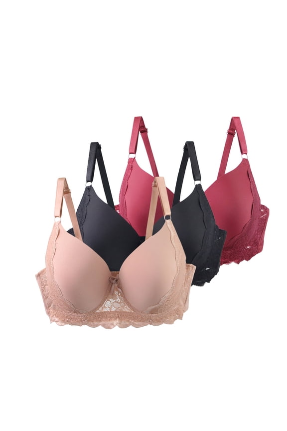 Women’s Convertible Strap Seamless Bra 3Pack T-Shirt Bra with Clear Straps, Removable Padding J-Hook for Racerback Brick Red 115C