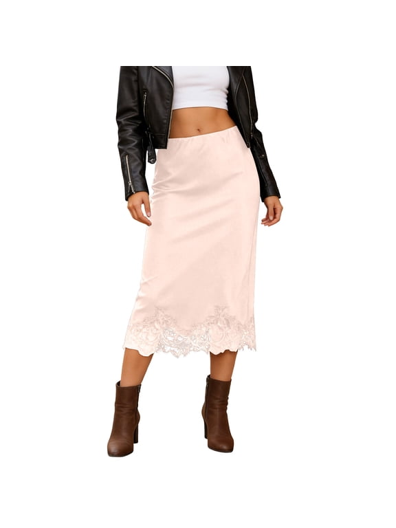 Women's Elegant Satin Midi Skirt with Lace Detail Flowy Evening Party Skirt