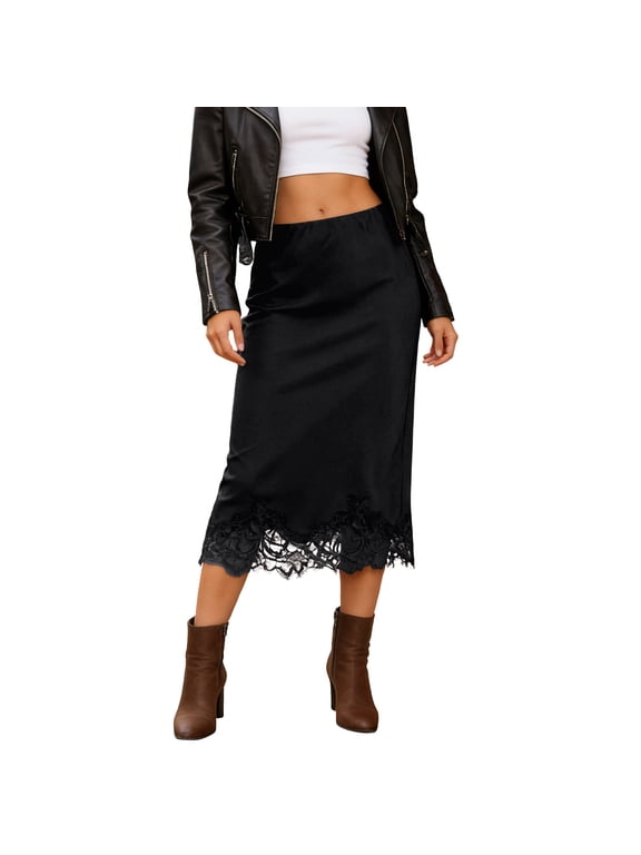 Women's Elegant Satin Midi Skirt with Lace Detail Flowy Evening Party Skirt