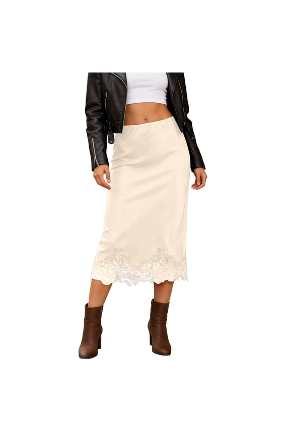 Women's Elegant Satin Midi Skirt with Lace Trim Detail Flowy Evening Party Skirt