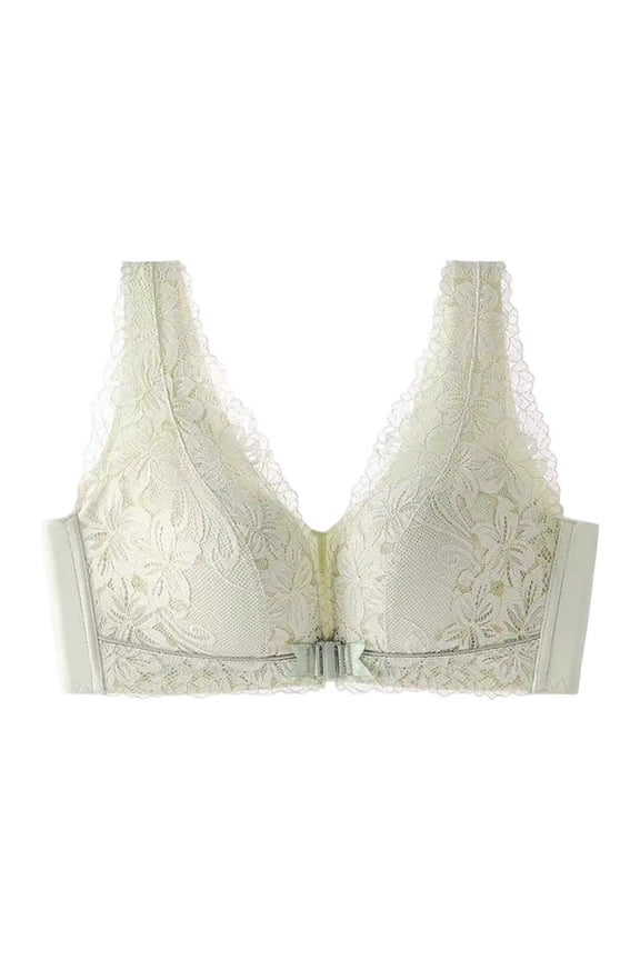 Women’s Front Closure Lace Push Up Bra Racerback Wireless Side Support Lightly Padded Green 36