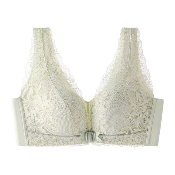 Elara Women’s Front Closure Lace Push Up Bra Racerback Wireless Side Support Lightly Padded Green 38
