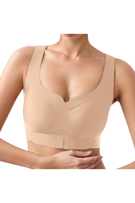 Women’s Front Closure Push Up Bra Lifting Anti-Droop Wirefree Bra, Back Smoothing Posture Support for Daily Wear Beige XL