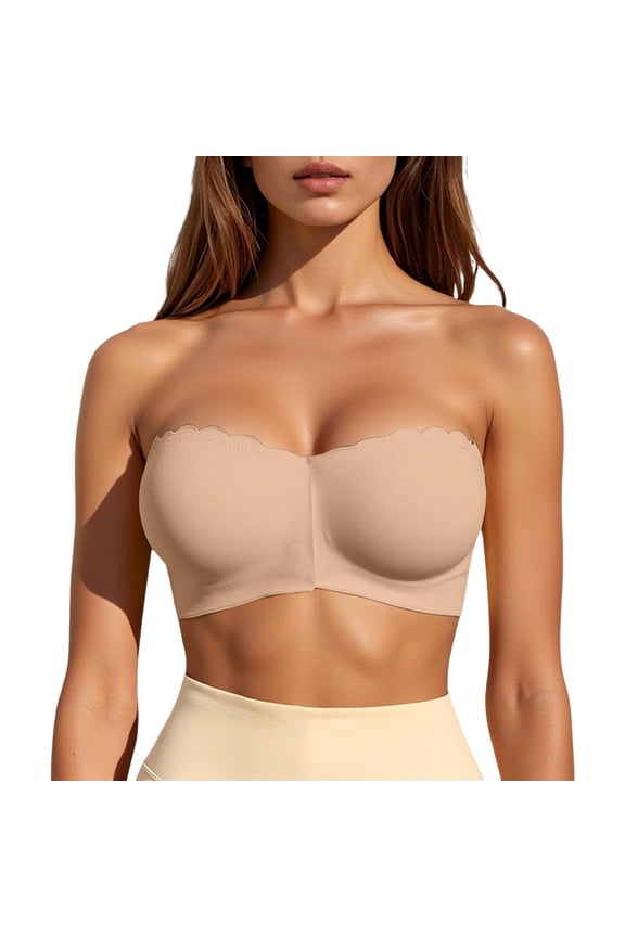 Women’s Front Closure Strapless Bra Seamless Adhesive Push Up Bustier with Wavy Lace Edge, No-Slip Band for Low Cut Tops Khaki S