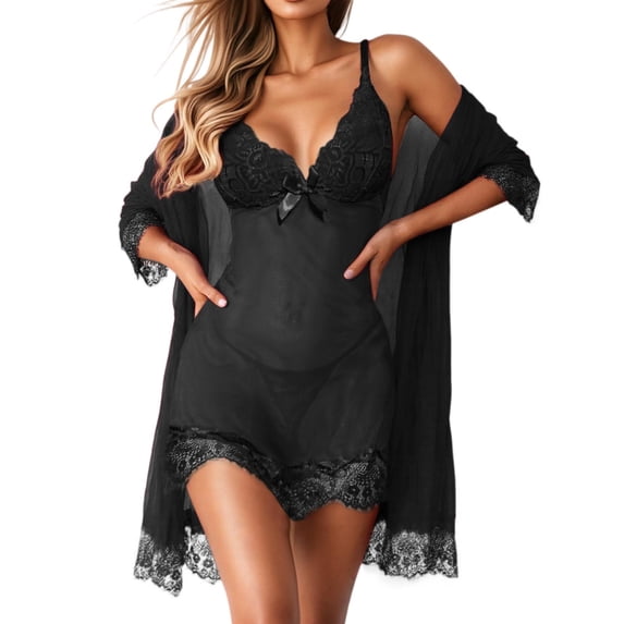 Elara Women’s Lace Knit V-Neck Sleep Dress Set Two-Piece Pajama Set with Chemise And Robe, Soft Stretchy Loungewear Black XL