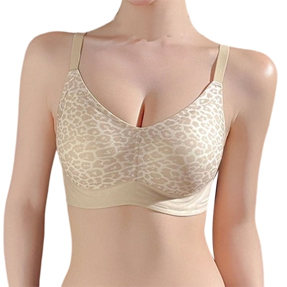 Elara Women’s Leopard Print Wireless Push Up Bra Soft Support Side Support Anti-Sagging Beige L