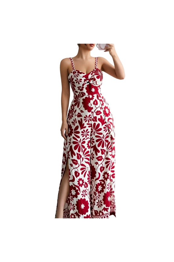 Women's Long Dress Elegant Spring Summer Twisted Print Spaghetti-Strap Dress