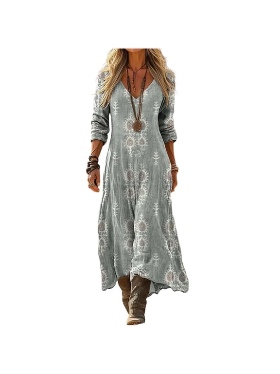 Women's Long Dress Flowers Bohemian Style Maxi Dress V-Neck 3/4 Sleeves Summer Vintage Tunic Beach Dress