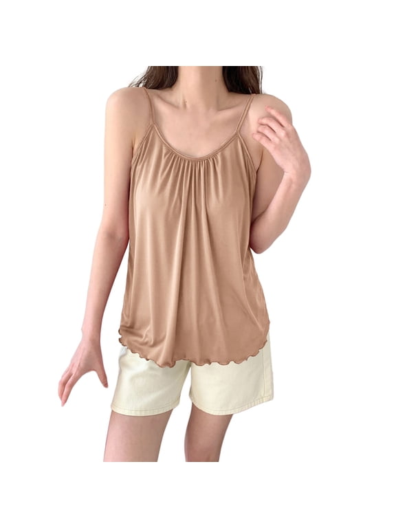 Women’s Satin-Like Round Neck Cami Top – Silky Loose Fit Sleep Vest, Soft Pajama Shell Top for Women Beige XL