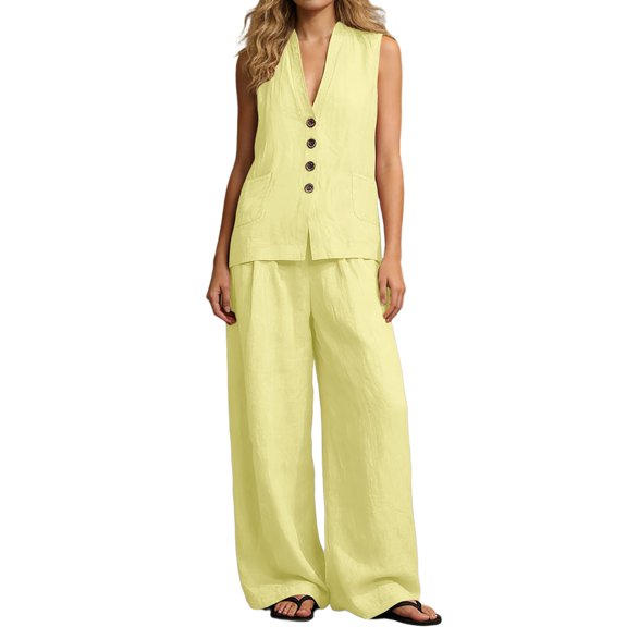 Elara Women's Summer 2 Piece Outfits Sleeveless V Neck Button Vest Top High Waisted Wide Leg Pants Set, Casual Loose Loungewear for Vacation Daily Wear