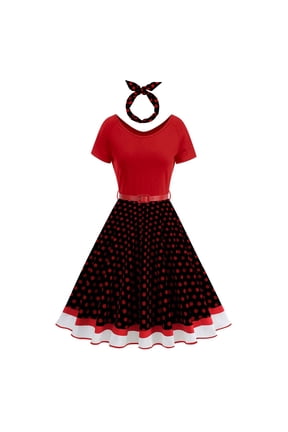 Women's Vintage Polka Dot Swing Dress Short Sleeve Bow Neck Flared A-Line 50s Retro Party Dresses for Prom Wedding