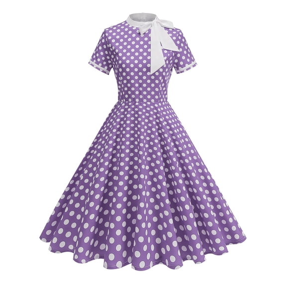 Elara Women's Vintage Polka Dot Swing Dress Short Sleeve Bow Neck Flared A-Line 50s Retro Party Dresses for Prom Wedding