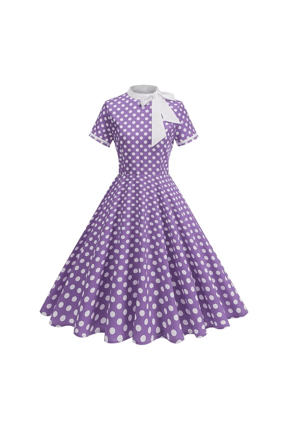 Women's Vintage Polka Dot Swing Dress Short Sleeve Bow Neck Flared A-Line 50s Retro Party Dresses for Prom Wedding