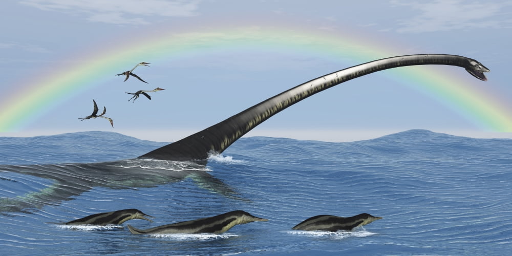 Elasmosaurus tries to capture a Dolichorhynchops reptile Canvas Art - Corey FordStocktrek Images (20 x 10)