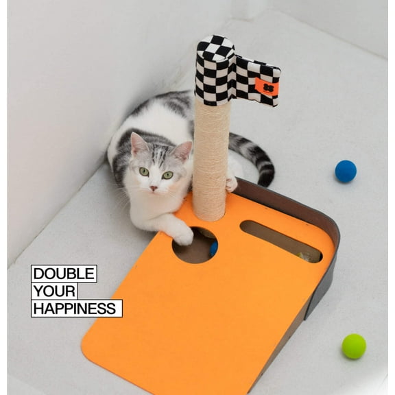 Elassy Golf Themed Putting Green Cat Tree with Scratching Post, 18 Degree Slope, 3 Colorful Balls Hole in ONE Game, Fun Golf Gifts