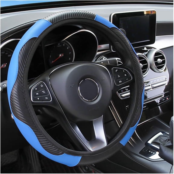 Elastic 15 Inch Carbon Fiber PU Leather Steering Wheel Cover, Non-Slip Protector, Universal Fit for Most Cars Blue