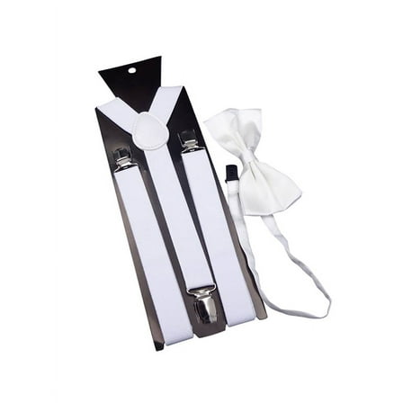Elastic Adjustable Suspender and Pre Tied Bowtie Y Shaped Suspenders Set for Men, White